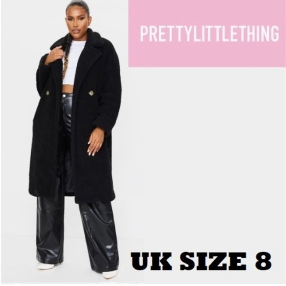NWT-PrettyLittleThing, Women’s black borg lapel drop arm midi coat. Size: 4 (US) - Picture 3 of 12